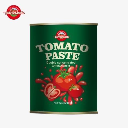 Pasta tomat terkonsentrasi ganda kami dari Cina yang lezat dan nyaman dibungkus dalam kaleng 850g mudah dibuka