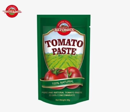 50g dalam stand up sachet pasta tomat memenuhi ISO HACCP dan standar BRC serta mematuhi peraturan produksi FDA