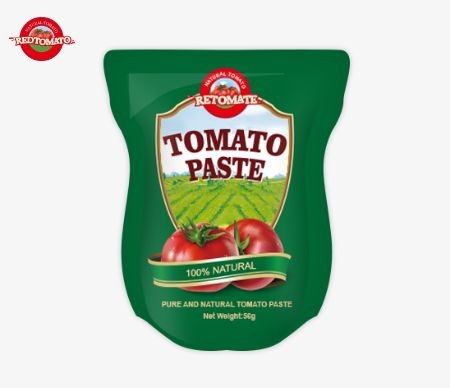 Kantong berdiri berisi 56 g pasta tomat terkonsentrasi ganda dengan kemurnian mulai dari 28% hingga 100%