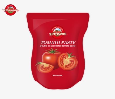 Kantong berdiri berisi 56 g pasta tomat terkonsentrasi ganda dengan kemurnian mulai dari 28% hingga 100%