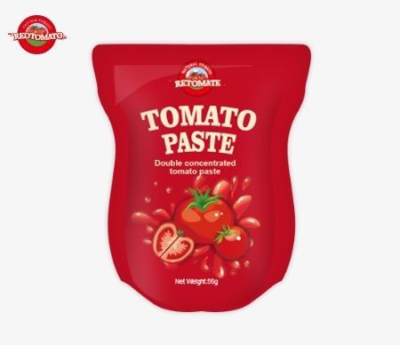 Grosir Stand-Up Sachet Tomato Paste yang ditawarkan dalam varian 56g dan 70g, memberikan produk murni tanpa aditif