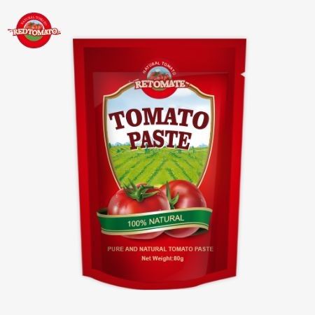 80g Pasta Tomat Double-Concentrated Dikemas dalam kantong berdiri dengan tingkat kemurnian bervariasi dari 30% hingga 100%
