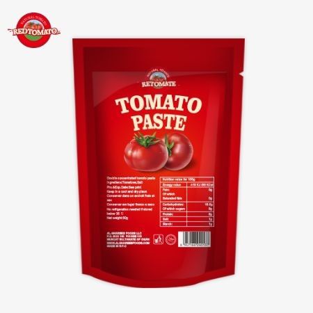 Sebuah kantong berdiri 80g berisi pasta tomat terkonsentrasi ganda dengan tingkat kemurnian mulai dari 30% sampai 100%