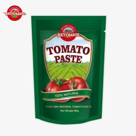 Sebuah kantong stand-up 80g pasta tomat terkonsentrasi ganda ditawarkan dengan tingkat kemurnian mulai dari 30% sampai 100%