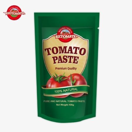 OEM Stand Up Sachet dari 100g Double Concentrated Tomato Paste dengan kemurnian mulai dari 30% sampai 100%