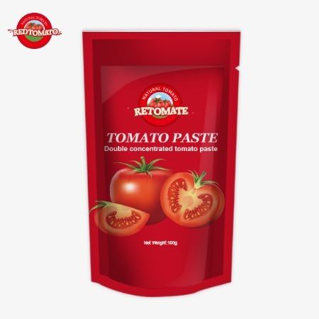 OEM 100g Stand-Up Sachet berisi pasta tomat terkonsentrasi ganda dengan kemurnian mulai dari 30% hingga 100%