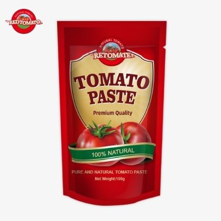 OEM 100g Stand-Up Sachet berisi pasta tomat terkonsentrasi ganda dengan kemurnian mulai dari 30% hingga 100%
