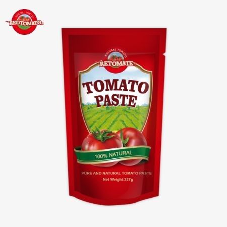 ISO Pouch Tomato Paste 227g Double Concentrated Tomato Paste dengan tingkat kemurnian yang bervariasi dari 30% hingga 100%