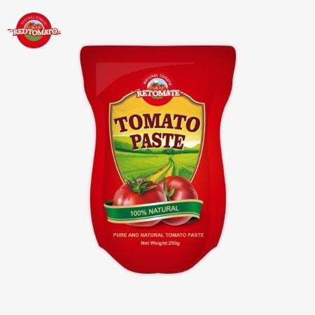 Kantong Stand-Up ini berisi 250g Pasta Tomat Manis dan Pedas dengan kemurnian mulai dari 30% sampai 100%