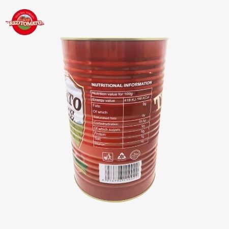 Pasta tomat Retomate kalengan 4500g (Brix 28–30%) tersedia di bawah merek kami dengan layanan desain merek dan kemasan lengkap