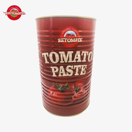 Pasta tomat Retomate kalengan 4500g (Brix 28–30%) tersedia di bawah merek kami dengan layanan desain merek dan kemasan lengkap