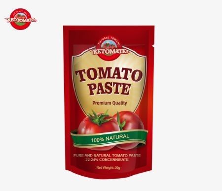 50g dalam stand up sachet pasta tomat memenuhi ISO HACCP dan standar BRC serta mematuhi peraturan produksi FDA