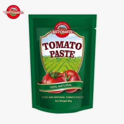 Sebuah kantong stand-up 80g pasta tomat terkonsentrasi ganda ditawarkan dengan tingkat kemurnian mulai dari 30% sampai 100%