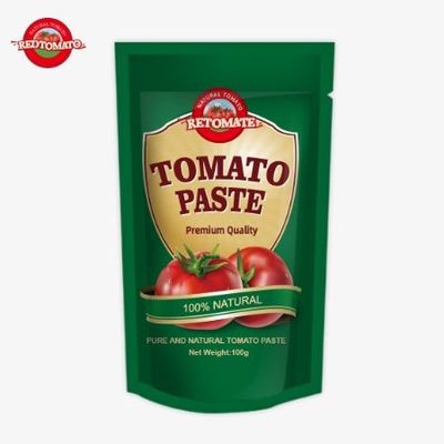 OEM Stand Up Sachet dari 100g Double Concentrated Tomato Paste dengan kemurnian mulai dari 30% sampai 100%