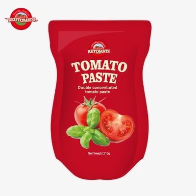 210g Stand-Up Sachet Tomato Paste memenuhi ISO HACCP BRC dan FDA Standar dalam produksi.