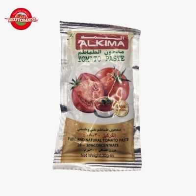 ALKIMA 30g Saset Datar Pasta Tomat Pekat Hingga Brix 28–30% Tersedia Di Bawah Merek Retomate Atau Dapat Disesuaikan Dengan OEM Anda Sendiri